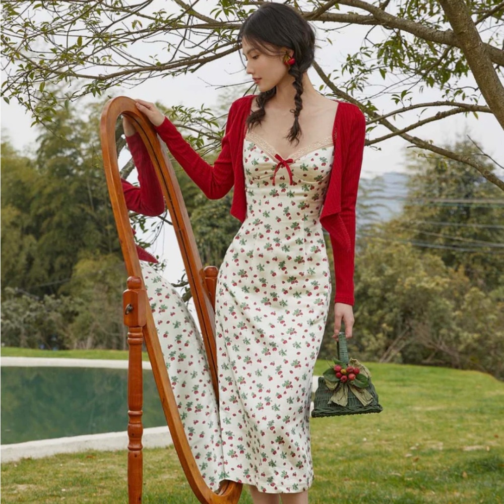 LaceMade Strawberry Farm Dress and Cardigan Women's Size S, New